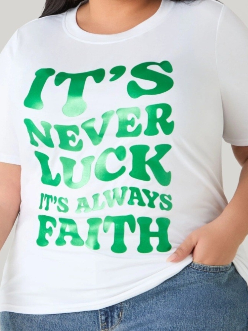 NWT Ashley Stewart White Short Sleeve Tee with Green Graphic Slogan Size 22/24